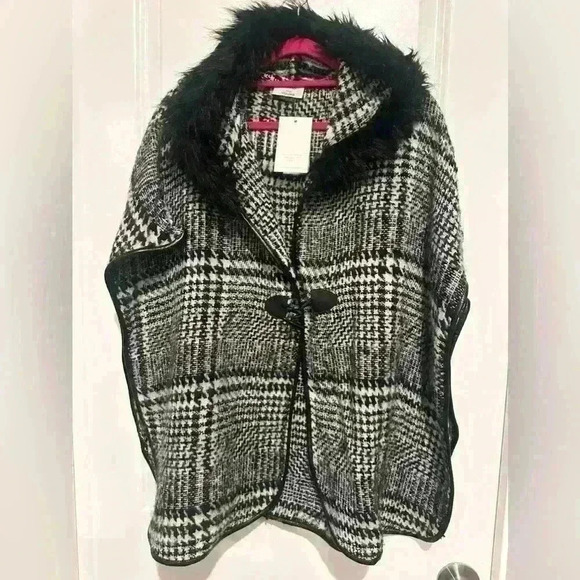 NEW NWT Black Houndstooth Check Wool Blend Hooded Cape Jacket - Picture 1 of 4